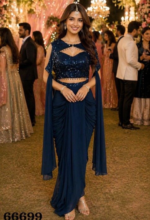 Blue Lycra Contemporary Sari with Embroidered and Sequins Work