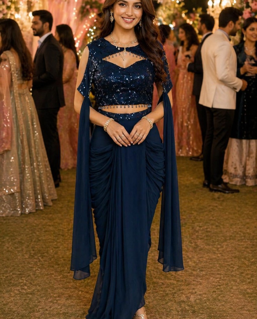 BLUE - Blue Lycra Contemporary Sari with Embroidered and Sequins Work