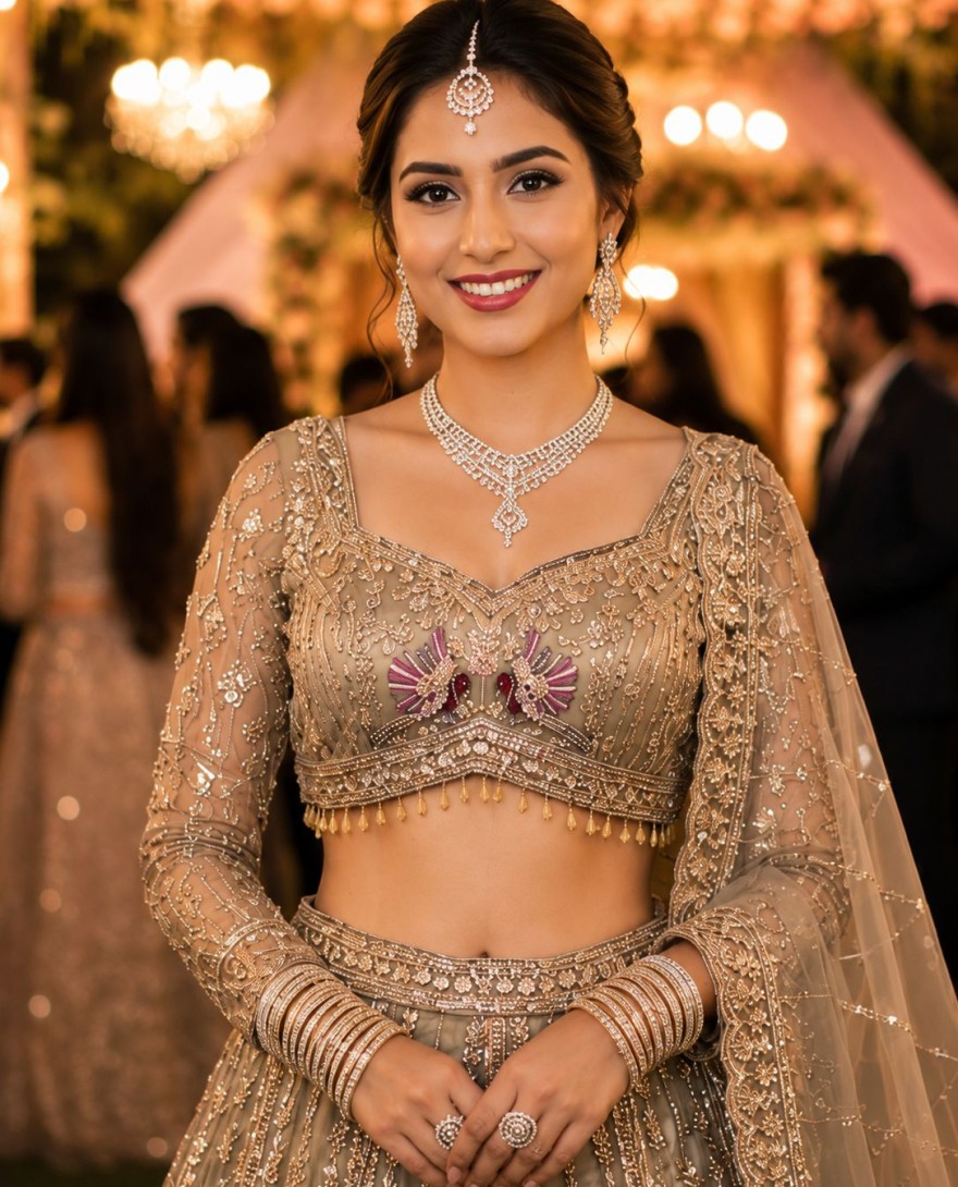 GOLDEN - Beige Net Lehenga Choli For Wedding