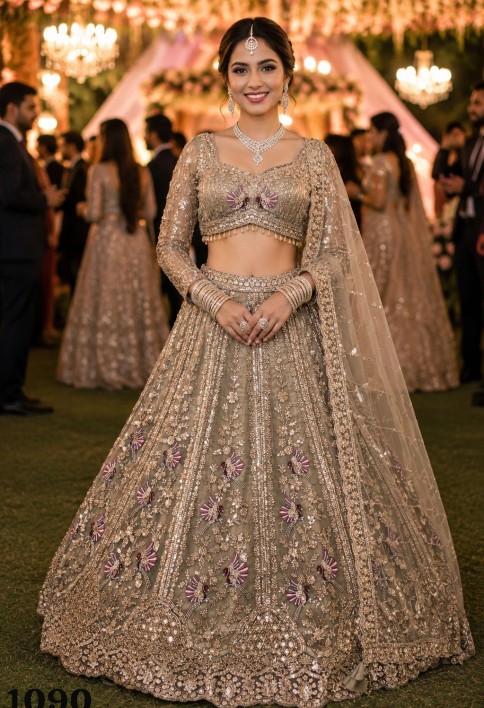 Beige Net Lehenga Choli For Wedding