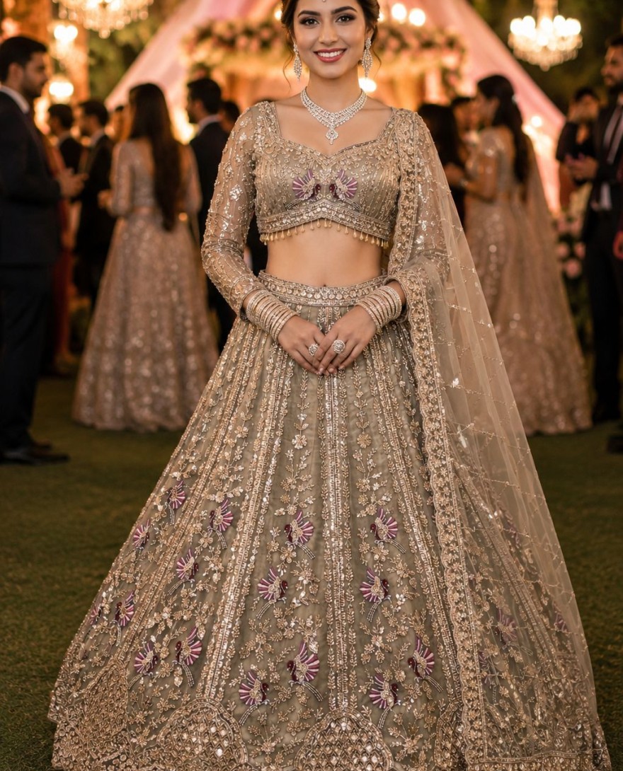 GOLDEN - Beige Net Lehenga Choli For Wedding