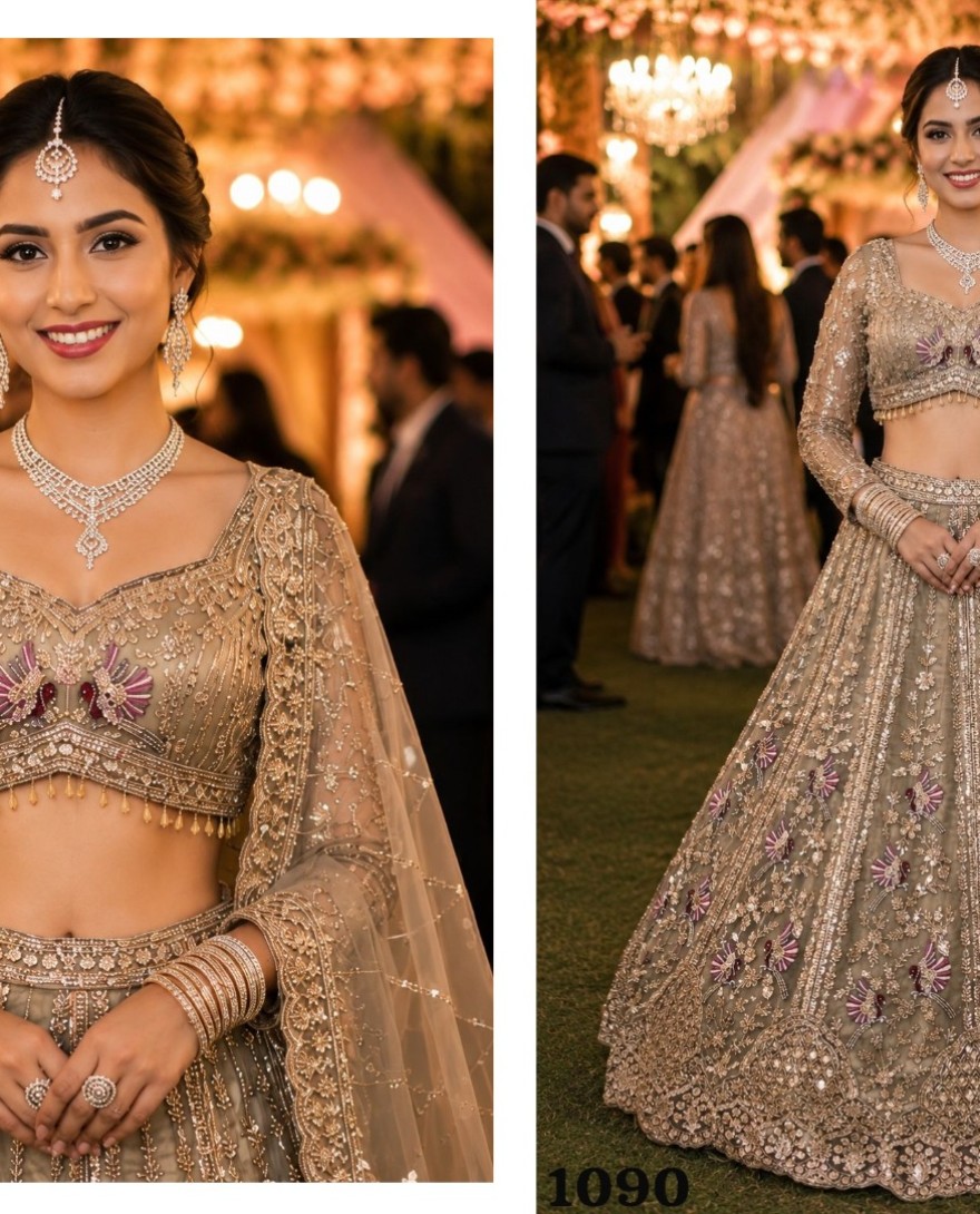 GOLDEN - Beige Net Lehenga Choli For Wedding