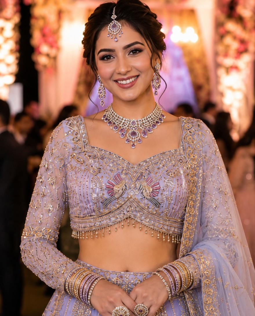 PURPLE - Lavender Net Wedding Lehenga Choli