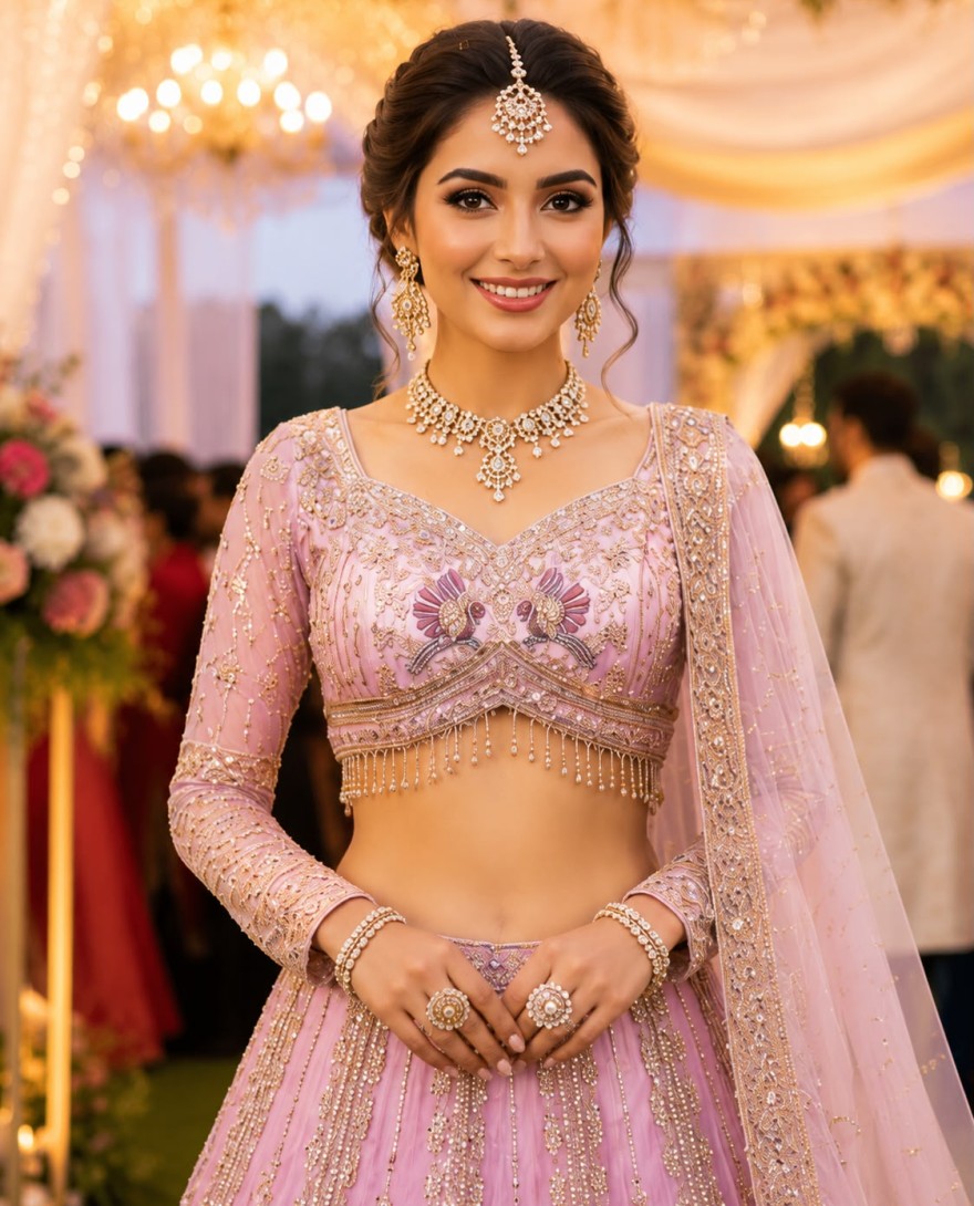 PINK - Pink Net Readymade Lehenga Choli with Beads, Embroidered and Zari Work for Engagement