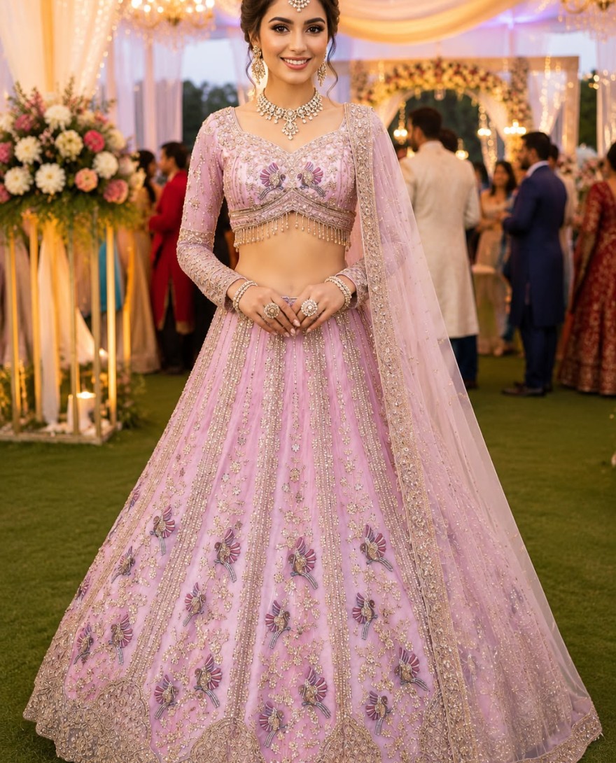 PINK - Pink Net Readymade Lehenga Choli with Beads, Embroidered and Zari Work for Engagement