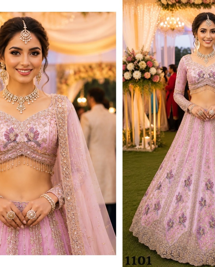 PINK - Pink Net Readymade Lehenga Choli with Beads, Embroidered and Zari Work for Engagement