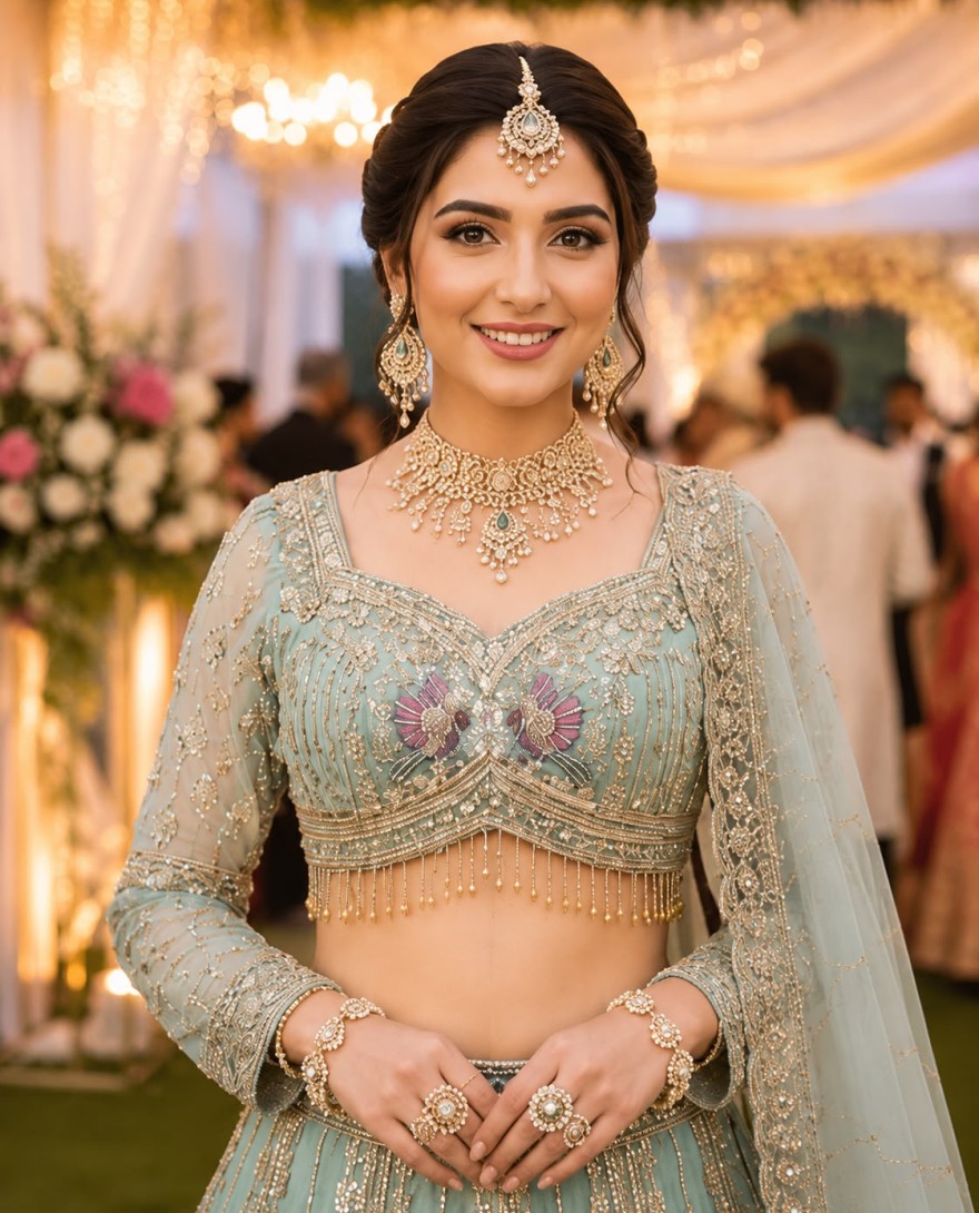 SEAGREEN - Beads, Embroidered and Zari Work Net Lehenga Choli In Sea Green for Engagement