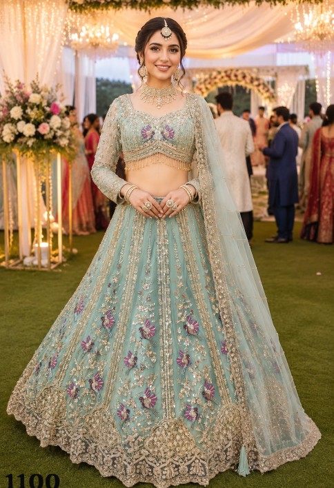 Beads, Embroidered and Zari Work Net Lehenga Choli In Sea Green for Engagement