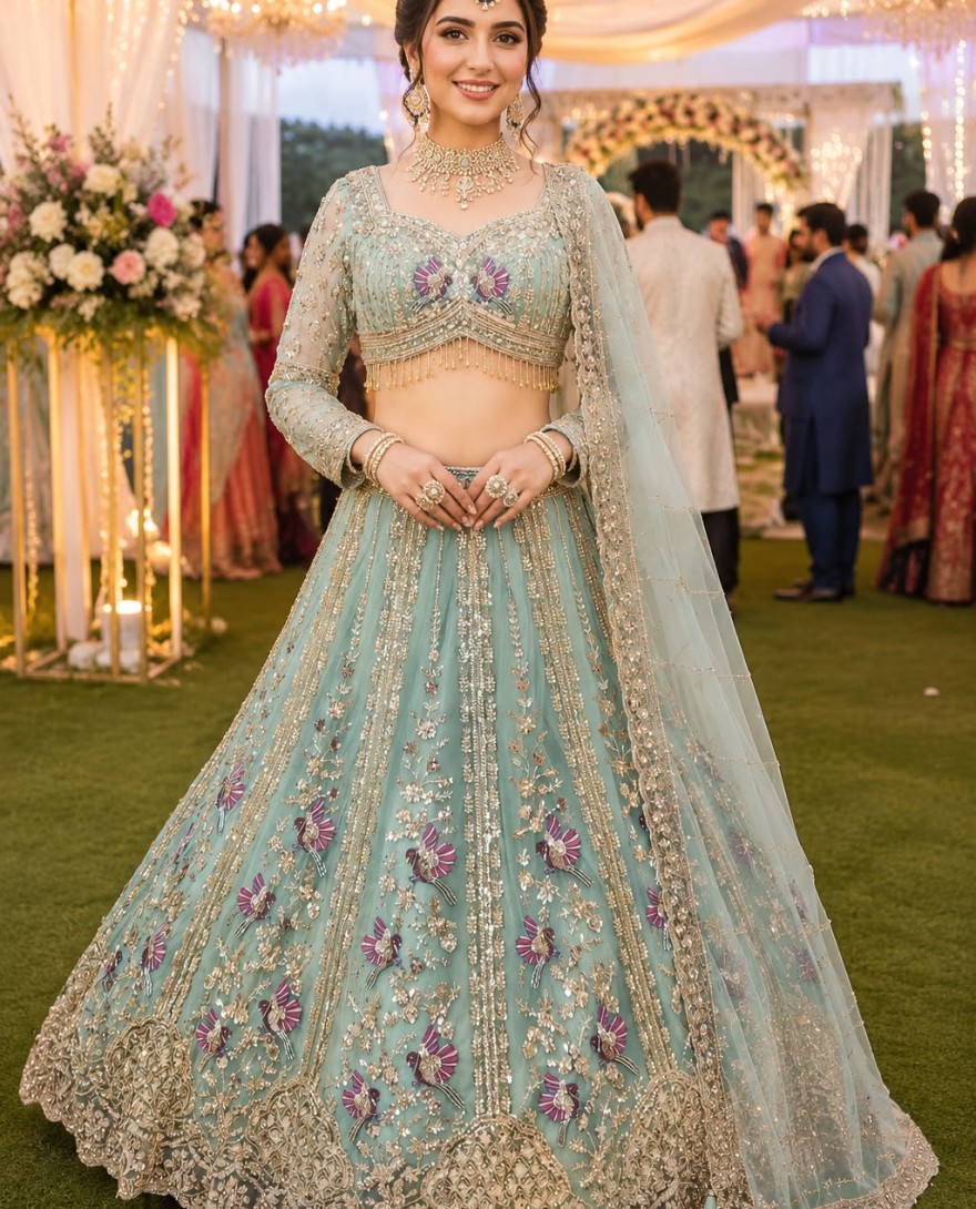 SEAGREEN - Beads, Embroidered and Zari Work Net Lehenga Choli In Sea Green for Engagement