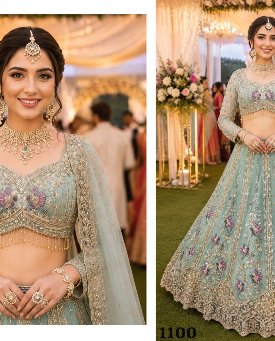 SEAGREEN - Beads, Embroidered and Zari Work Net Lehenga Choli In Sea Green for Engagement