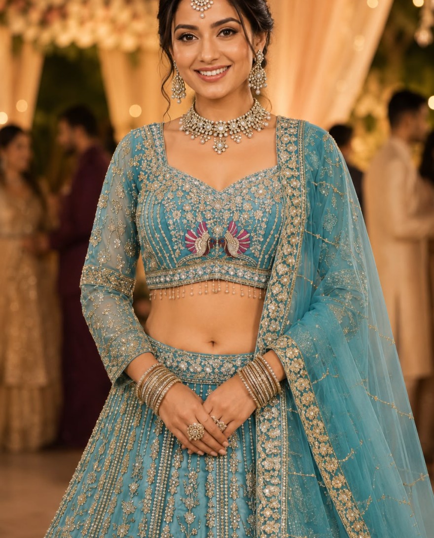 BLUE - Aqua Blue Net Lehenga Choli with Beads, Diamond, Embroidered and Zari Work