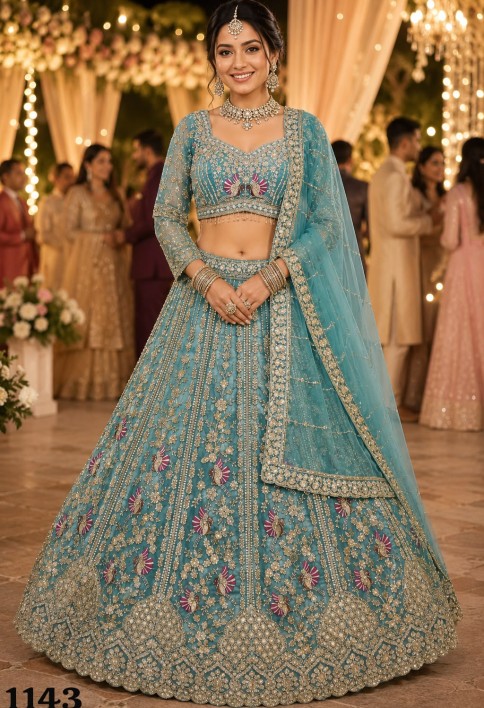 Aqua Blue Net Lehenga Choli with Beads, Diamond, Embroidered and Zari Work