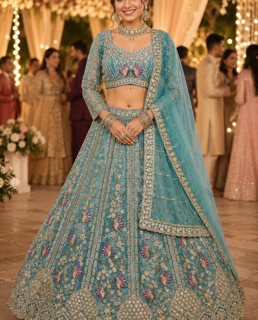 BLUE - Aqua Blue Net Lehenga Choli with Beads, Diamond, Embroidered and Zari Work