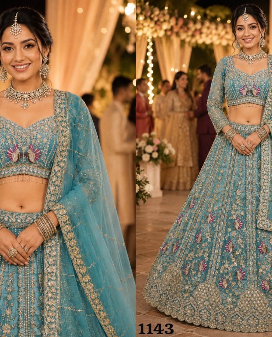 BLUE - Aqua Blue Net Lehenga Choli with Beads, Diamond, Embroidered and Zari Work