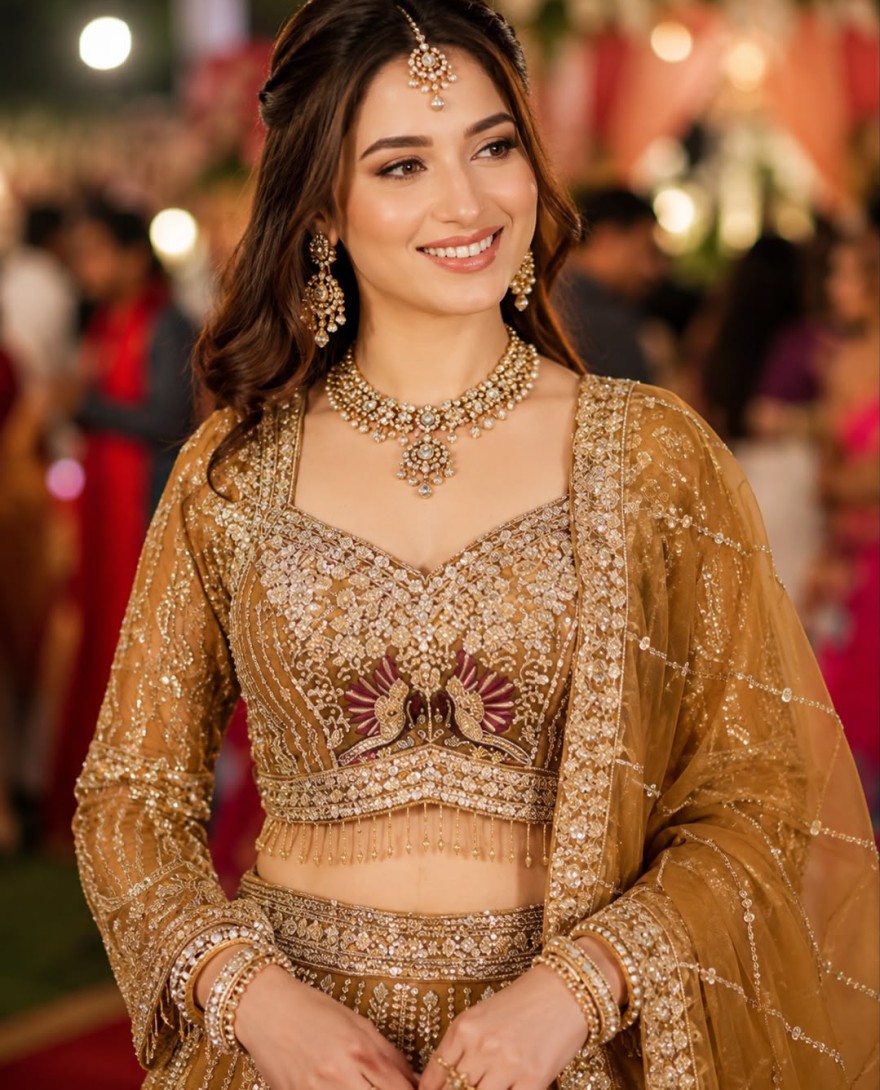 GOLDEN - Mustard Beads, Diamond, Embroidered and Zari Work Net Readymade Lehenga Choli