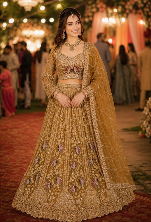 Mustard Beads, Diamond, Embroidered and Zari Work Net Readymade Lehenga Choli