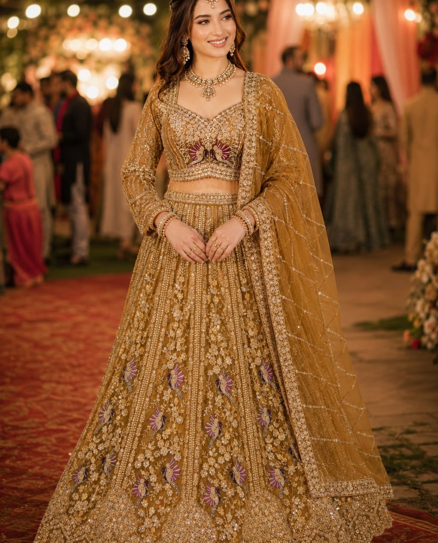 GOLDEN - Mustard Beads, Diamond, Embroidered and Zari Work Net Readymade Lehenga Choli