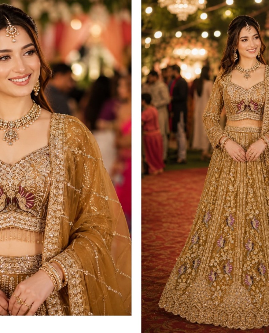 GOLDEN - Mustard Beads, Diamond, Embroidered and Zari Work Net Readymade Lehenga Choli