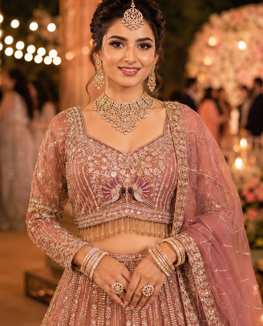 PINK - Beads, Diamond, Embroidered and Zari Work Net Lehenga Choli In Pink Colour