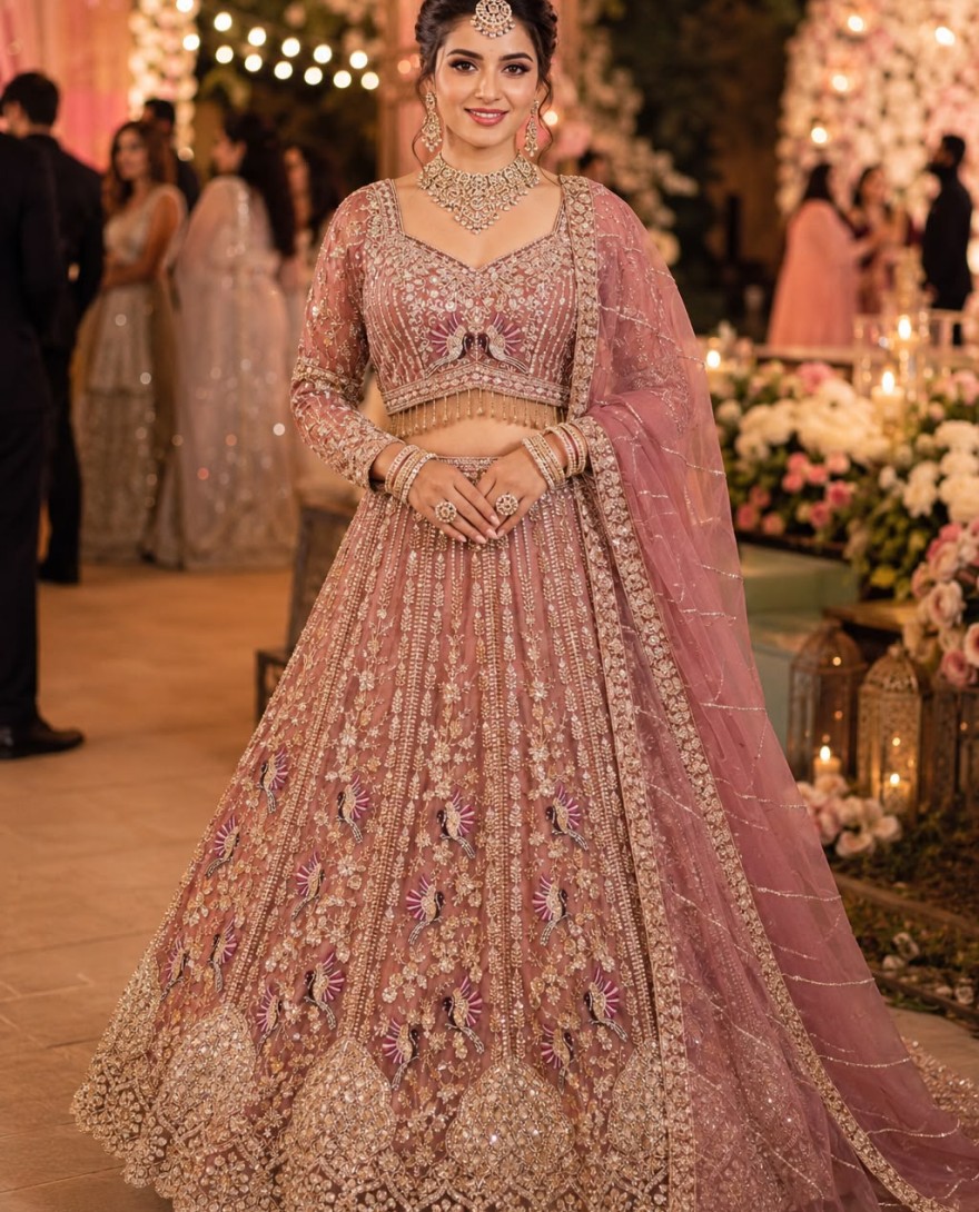 PINK - Beads, Diamond, Embroidered and Zari Work Net Lehenga Choli In Pink Colour