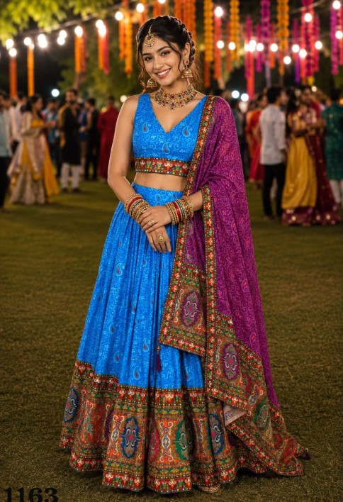Aqua Blue Faux Crepe Lehenga Choli