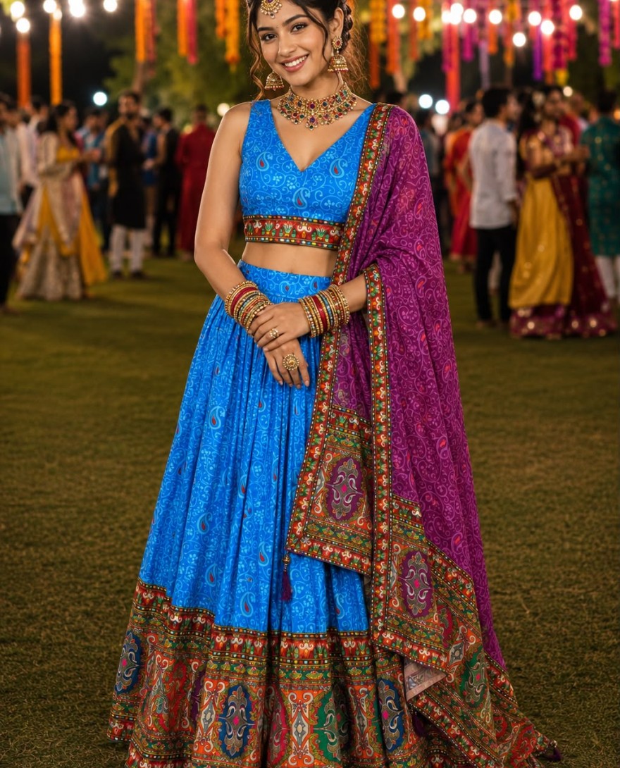 BLUE - Aqua Blue Faux Crepe Lehenga Choli