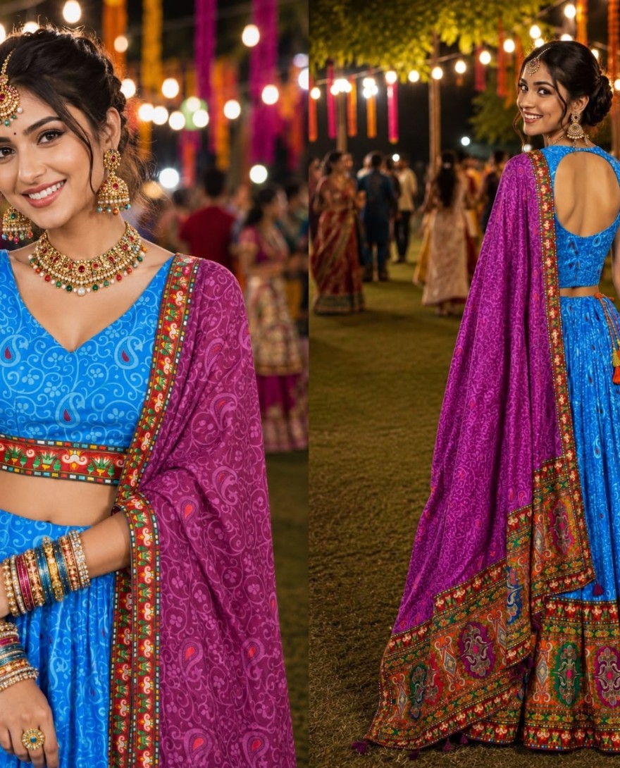 BLUE - Aqua Blue Faux Crepe Lehenga Choli