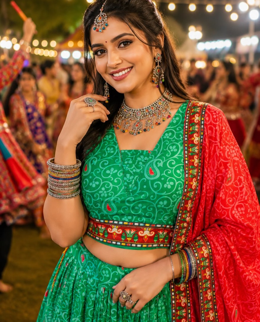 GREEN - Green Faux Crepe Lehenga Choli