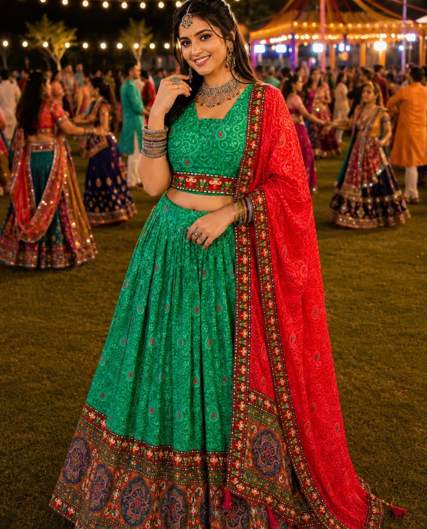 GREEN - Green Faux Crepe Lehenga Choli