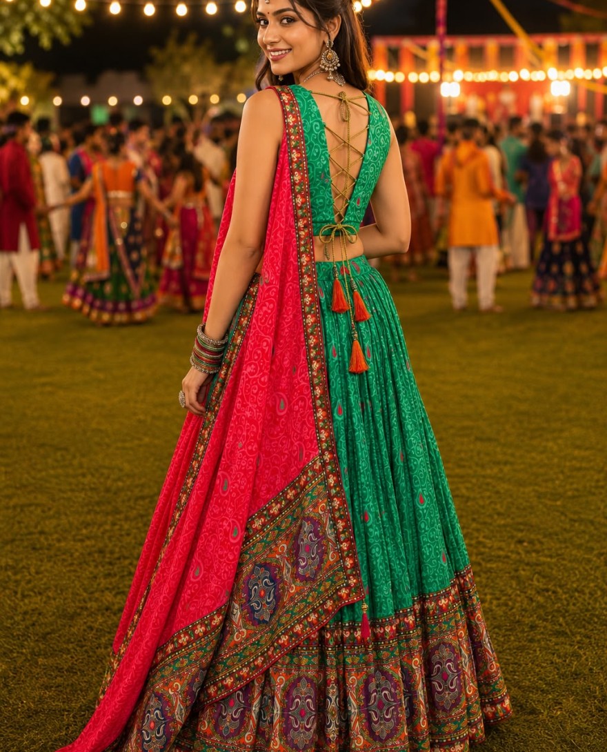 GREEN - Green Faux Crepe Lehenga Choli