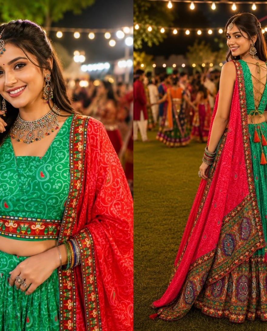 GREEN - Green Faux Crepe Lehenga Choli