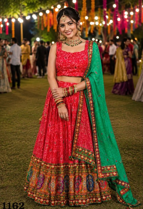 Red Faux Crepe Print Work Readymade Lehenga Choli