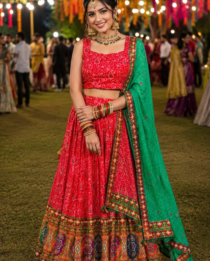 RED - Red Faux Crepe Print Work Readymade Lehenga Choli