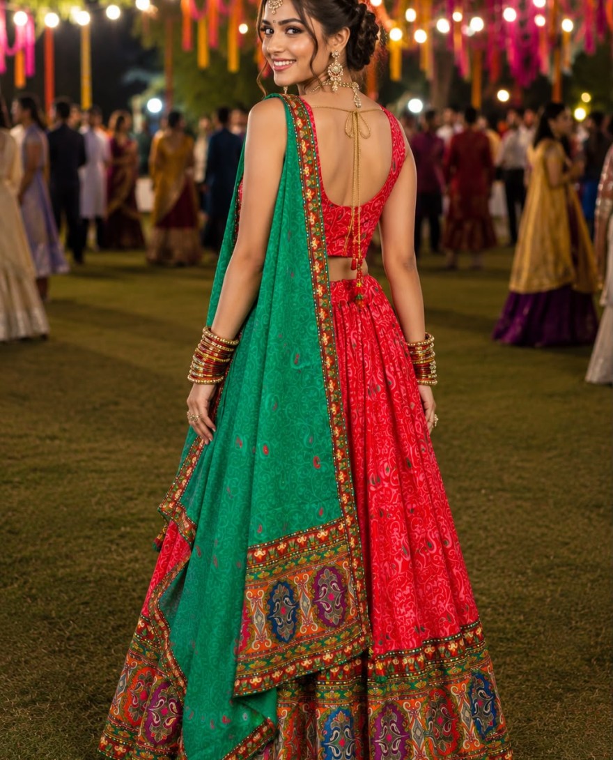 RED - Red Faux Crepe Print Work Readymade Lehenga Choli
