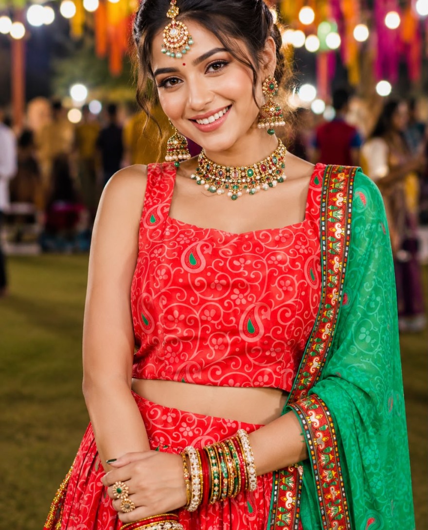RED - Red Faux Crepe Print Work Readymade Lehenga Choli