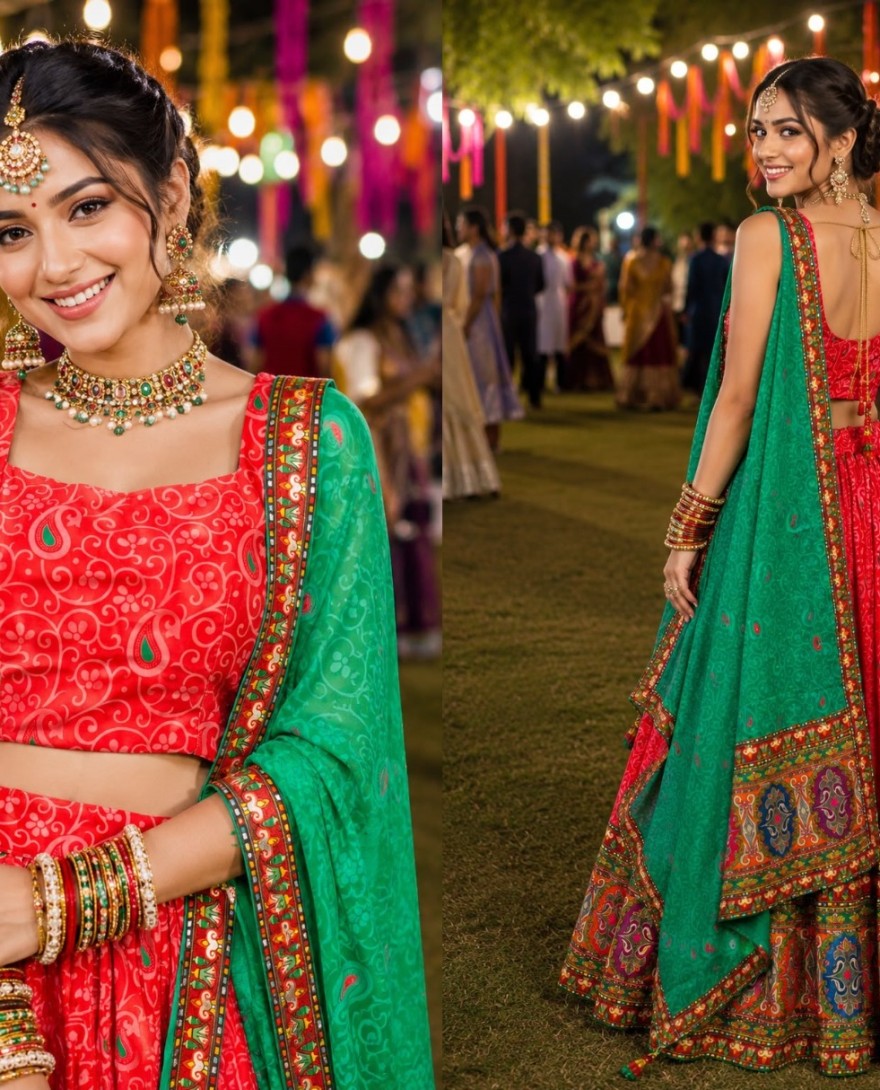 RED - Red Faux Crepe Print Work Readymade Lehenga Choli