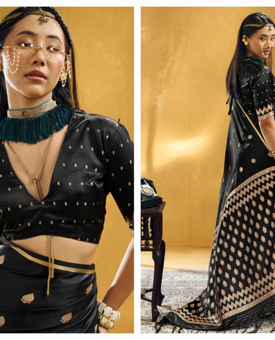 BLACK - Appealing Black Handloom Silk Contemporary Sari
