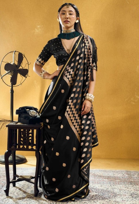 Appealing Black Handloom Silk Contemporary Sari