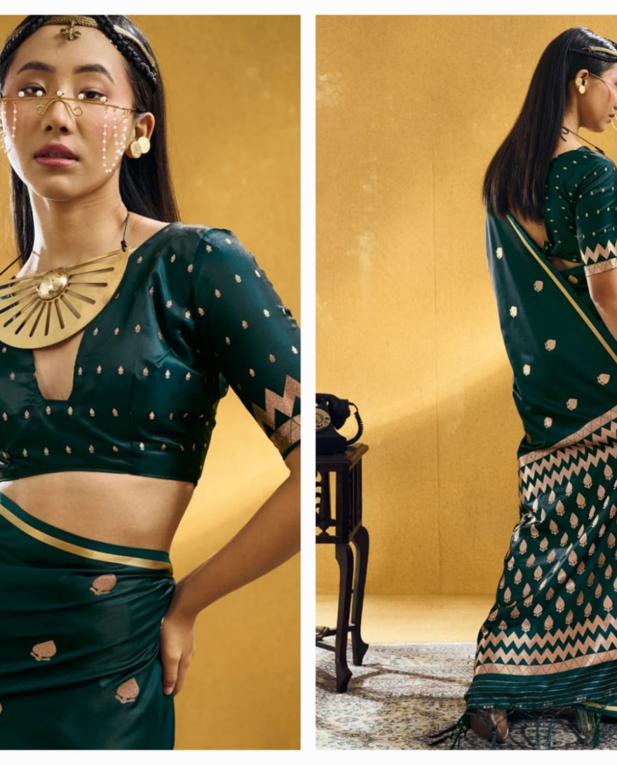 GREEN - Green Handloom Silk Contemporary Sari with Weaving Work for Ceremonial