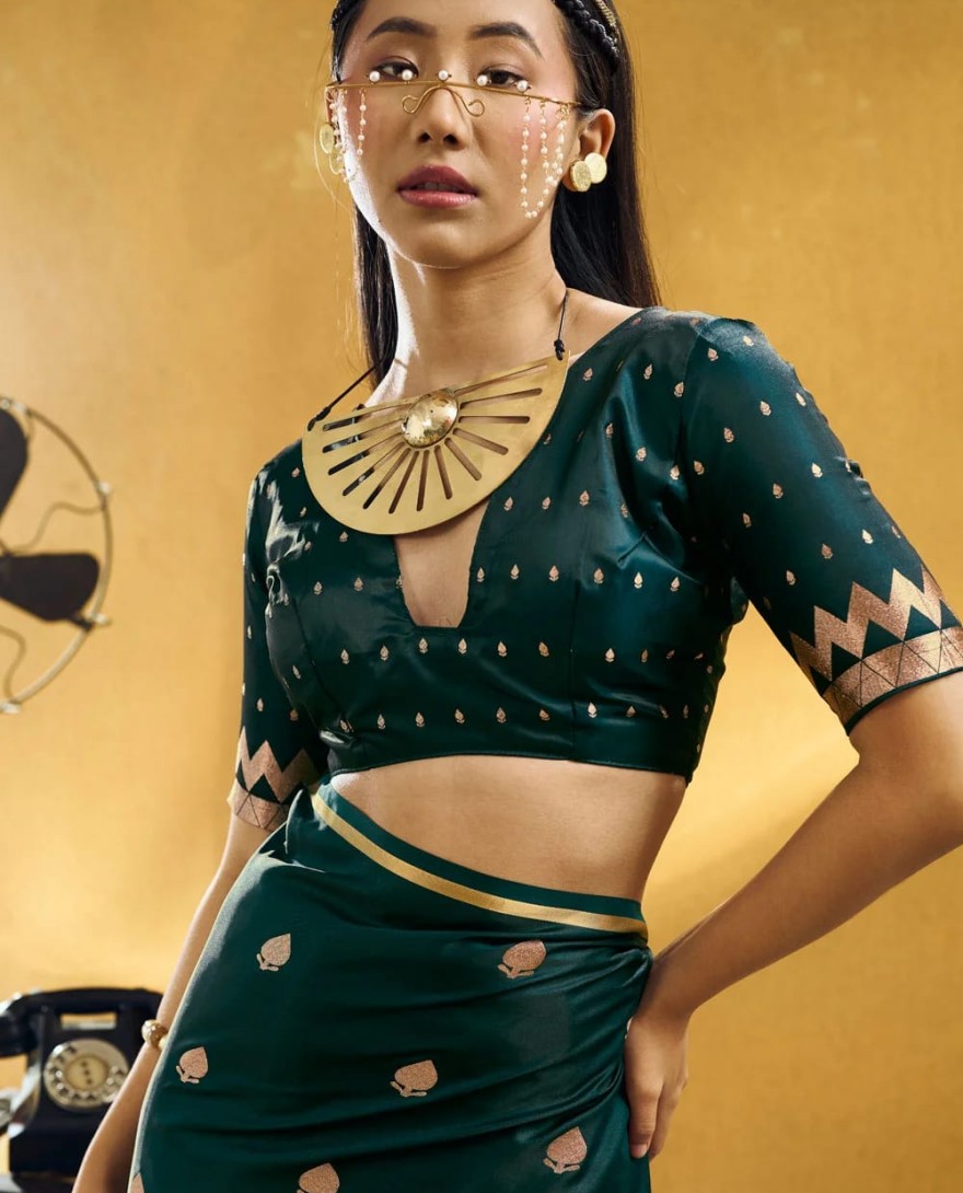 GREEN - Green Handloom Silk Contemporary Sari with Weaving Work for Ceremonial