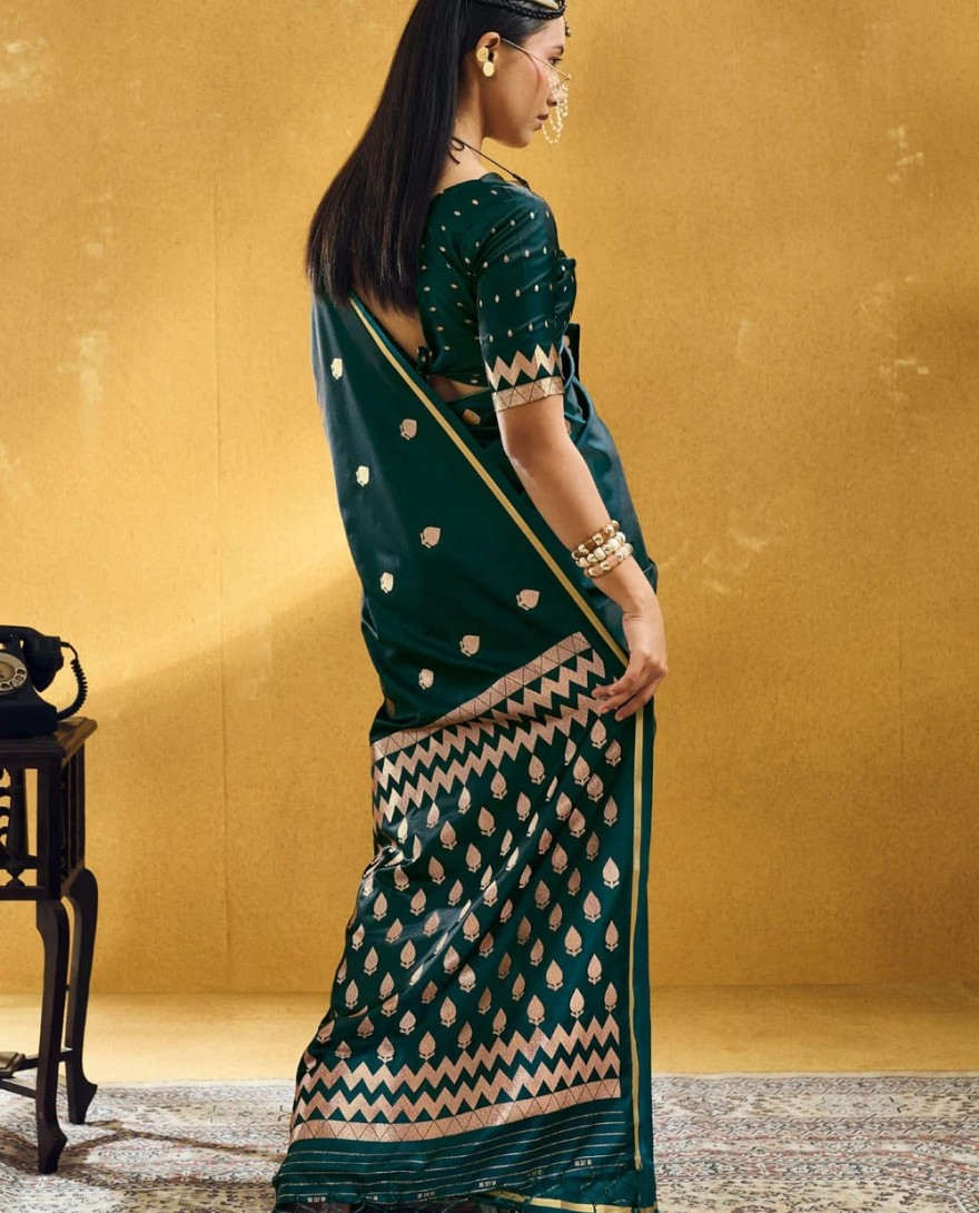 GREEN - Green Handloom Silk Contemporary Sari with Weaving Work for Ceremonial