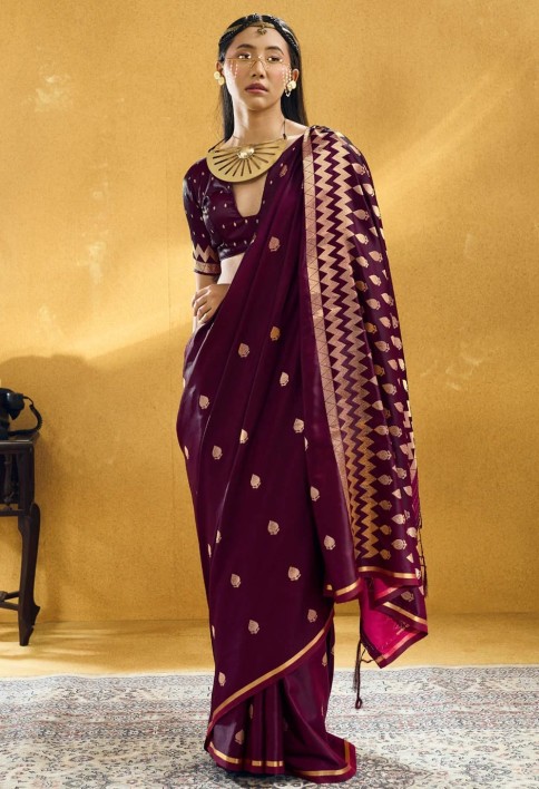 Wine Handloom Silk Trendy Saree