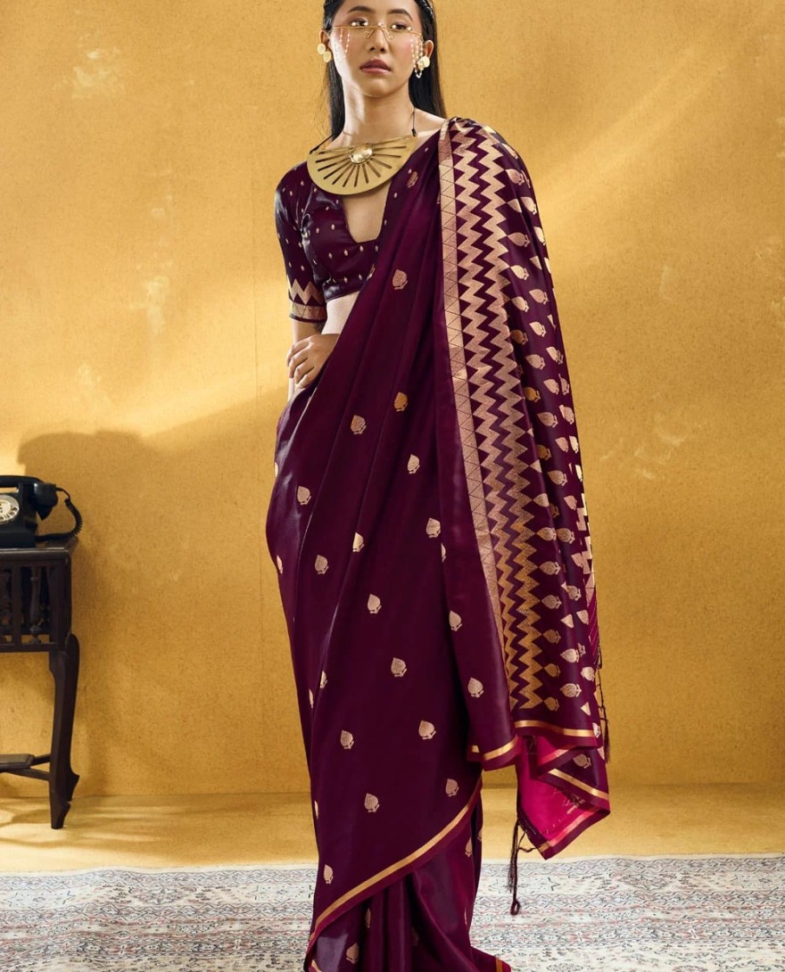 WINE - Wine Handloom Silk Trendy Saree
