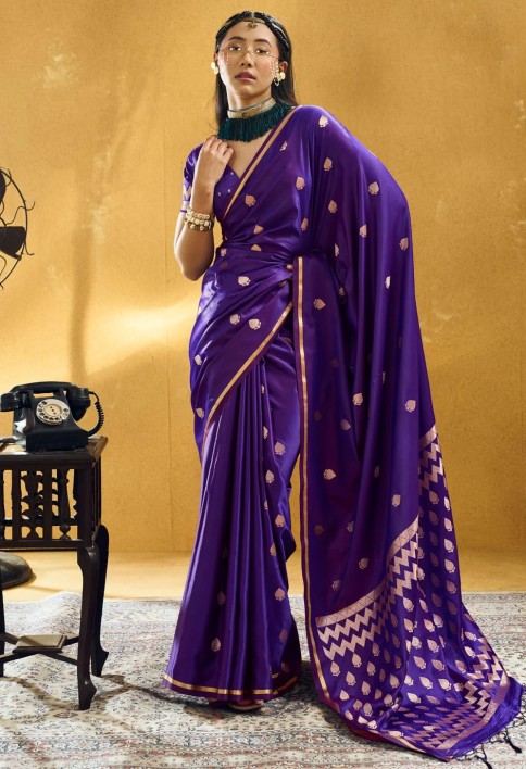 Weaving Work Handloom Silk Classic Sari In Purple Colour