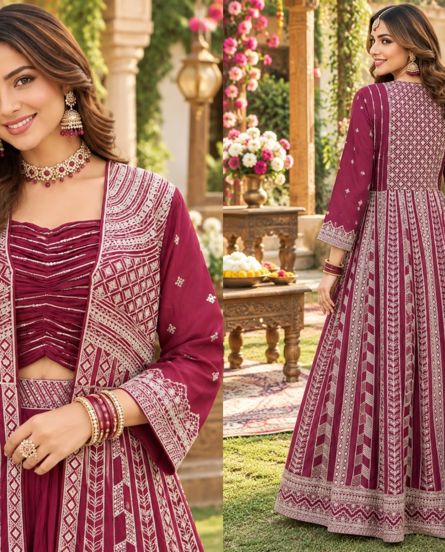 2201 - Embroidered Work Chinon Lehenga Choli In Maroon for Ceremonial