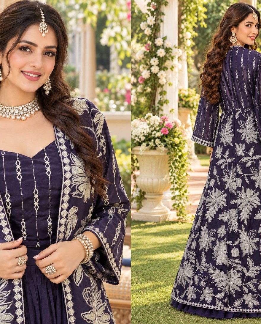 2202 - Blue Chinon Readymade Lehenga Choli