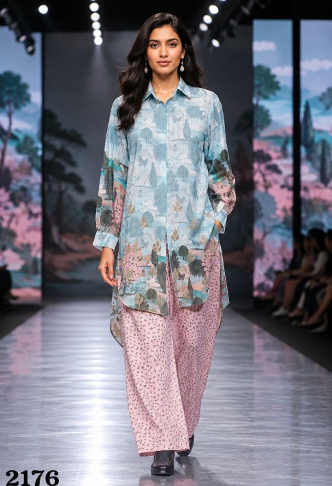 Multi Colour Print Work Faux Crepe Casual Kurti