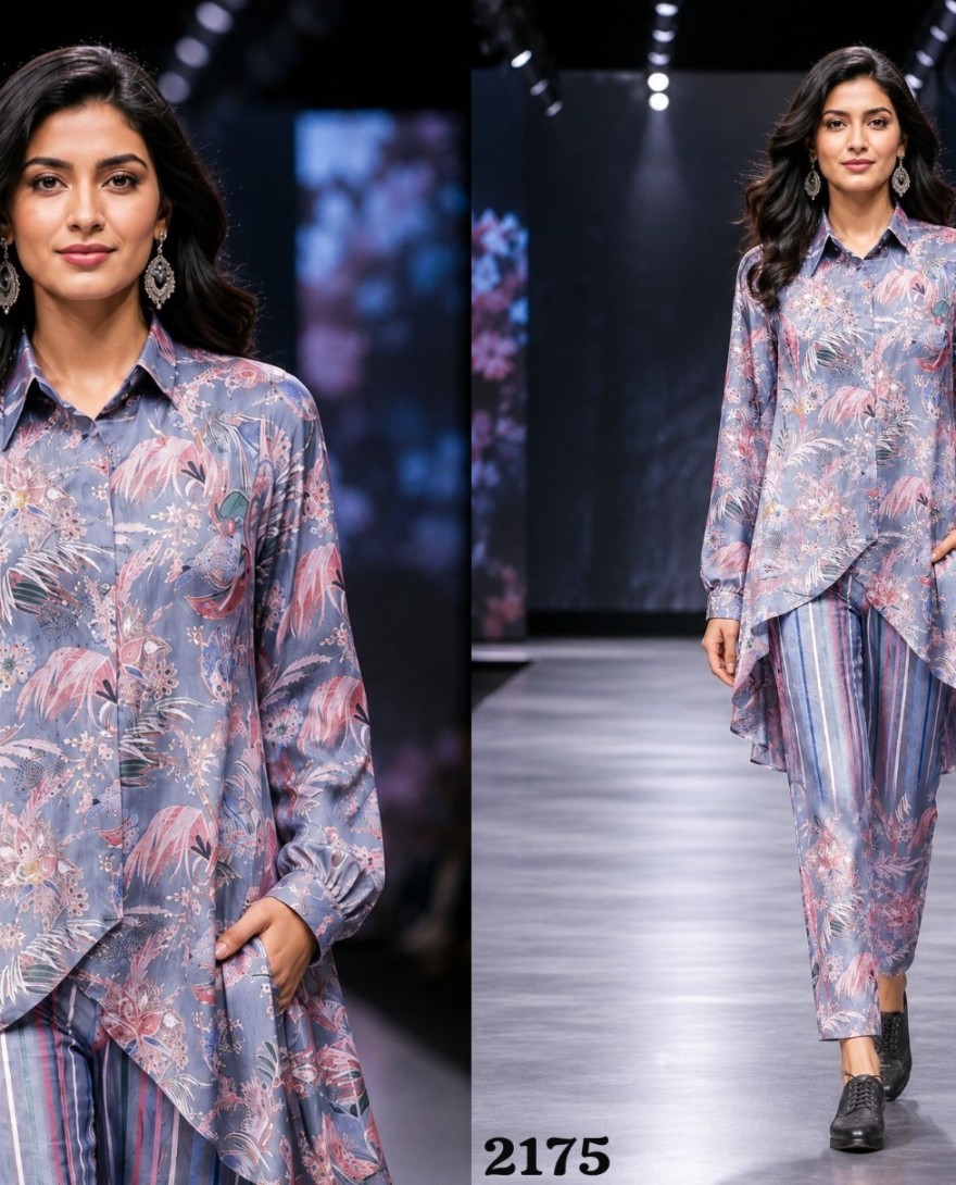 PURPLE - Multi Colour Faux Crepe Print Work Designer Kurti