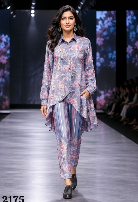 Multi Colour Faux Crepe Print Work Designer Kurti
