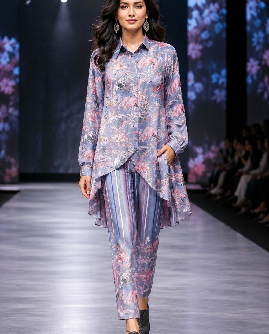 PURPLE - Multi Colour Faux Crepe Print Work Designer Kurti